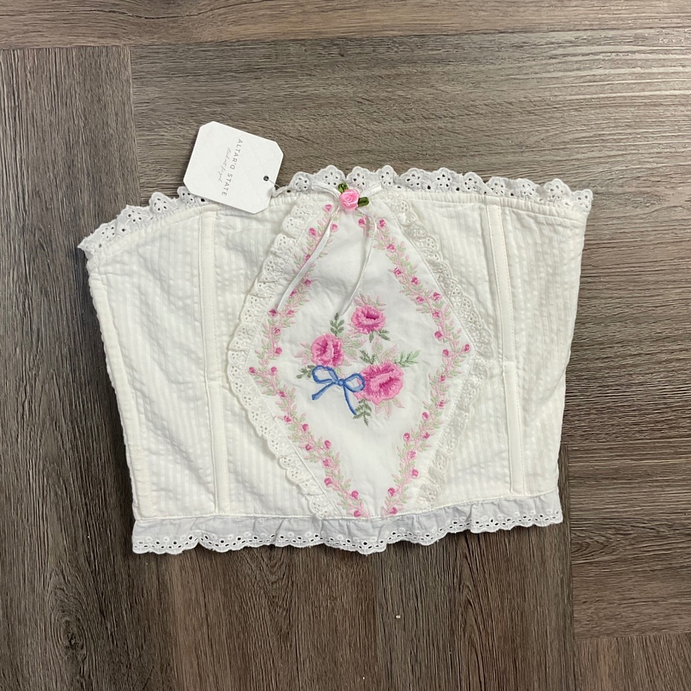 NWT Altar'd State Floral Embroidered Eyelet Lace Corset Tube Top Womens XS Ivory